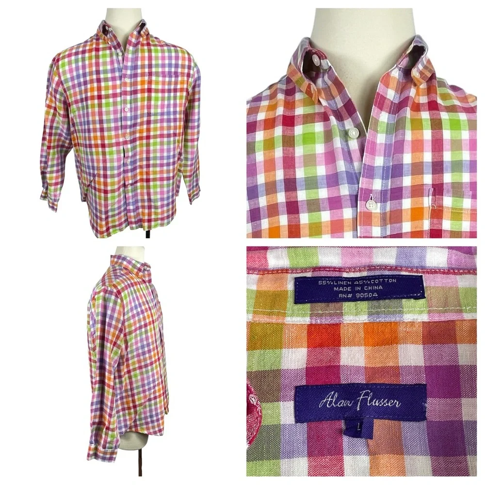 Men’s Alan Flusser‎ Multicolored Plaid Linen/Cotton Blend Button Down Large 0110
